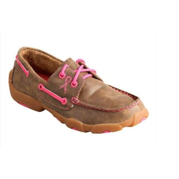 Twisted X Kid's Brown and Pink Breast Cancer Awareness Leather Moccasins Size 2 - Picture 1 of 6
